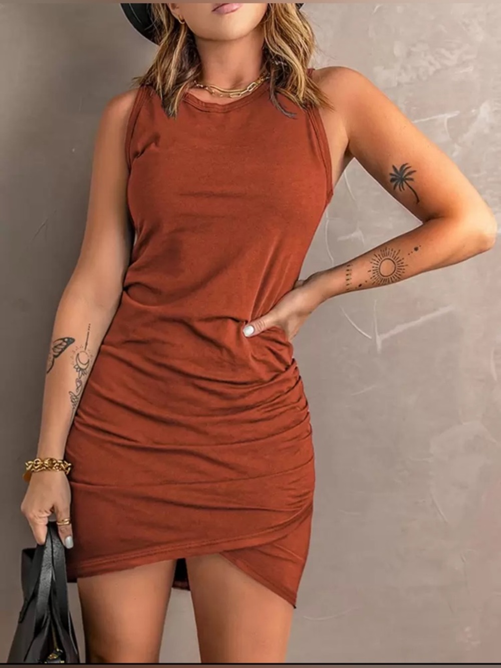 SHEIN Burnt Orange Ruched Bodycon Dress Women’s Small Sleeveless Stretch Mini - Picture 5 of 7